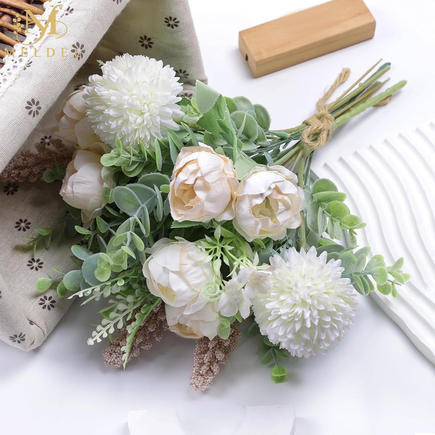 Meldel 3Pcs Rose Bouquet Light Champagne Artificial Flowers Peony Eucalyptus Plants Silk Flower Arrangements Wedding Bouquets Decorations Plastic Floral Centerpieces for Home Kitchen Party Decor