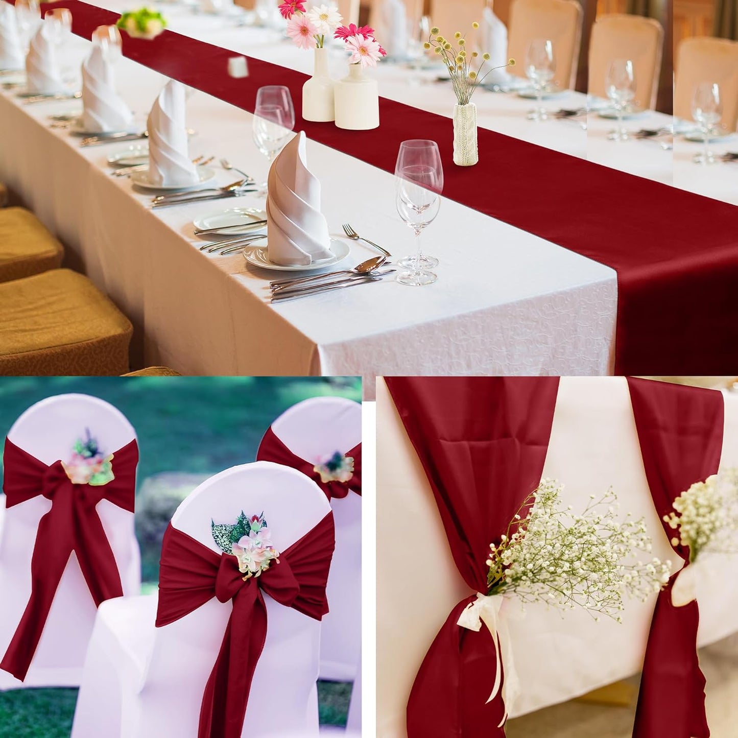 Aneco 12 Pack Satin Table Runner 12 x 108 Inch Burgundy Long Wedding Satin Silk Table Runner for Wedding Banquet Graduations Birthday Party Decoration