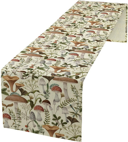 Mushroom Table Runner,Vintage Forest Flower Plant Print Table Runner for Kitchen Dining Table Home Party Decoration 13x90 Inch