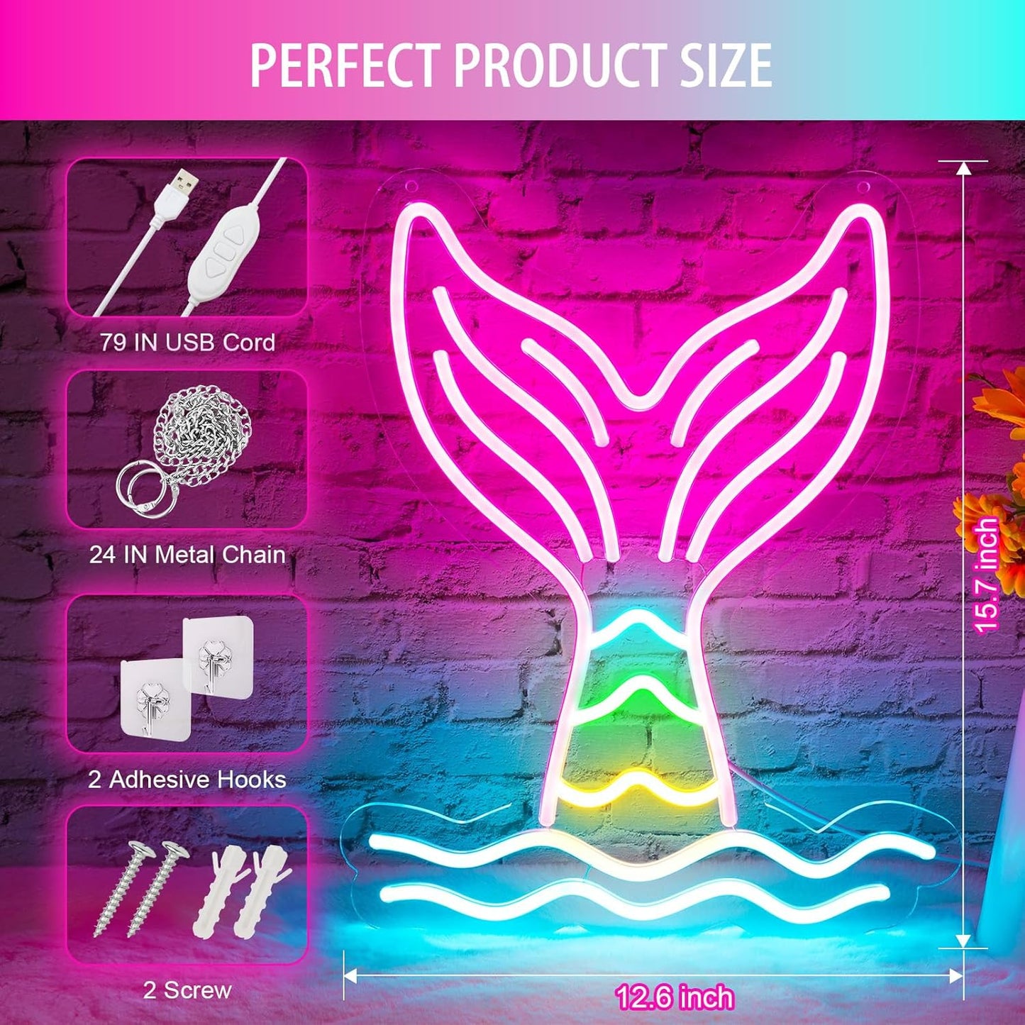 Mermaid Tail Neon Sign Dimmable Mermaid Neon Signs for Wall Decor, USB Powered Bright LED Mermaid Lamps for Girls Bedroom, Birthday Christmas Decor, Perfect Gifts for Girls(15.7*12.6inches)