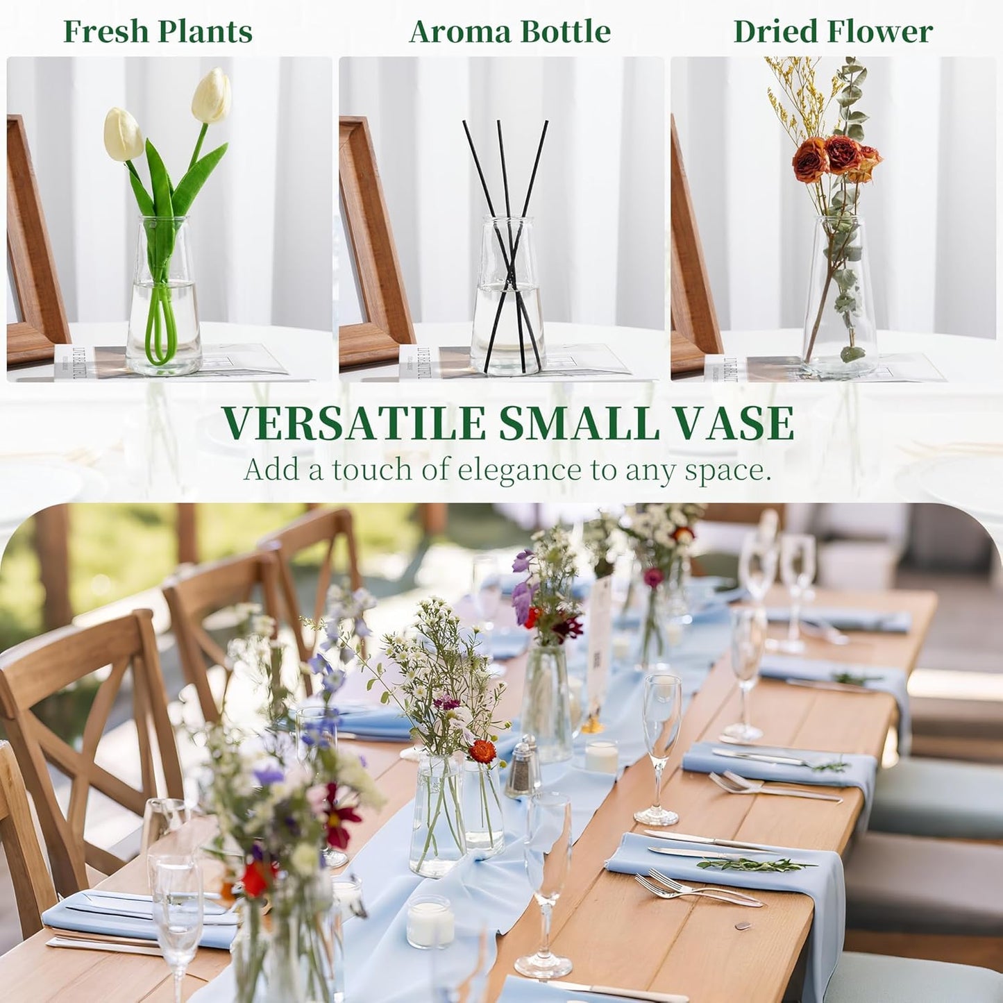 Glass Bud Vases for Centerpieces, Small Flower Vase in Bulk Set of 20, Modern Clear Mini VaseS for Rose Tulip, Wedding Party Dining Table Decor