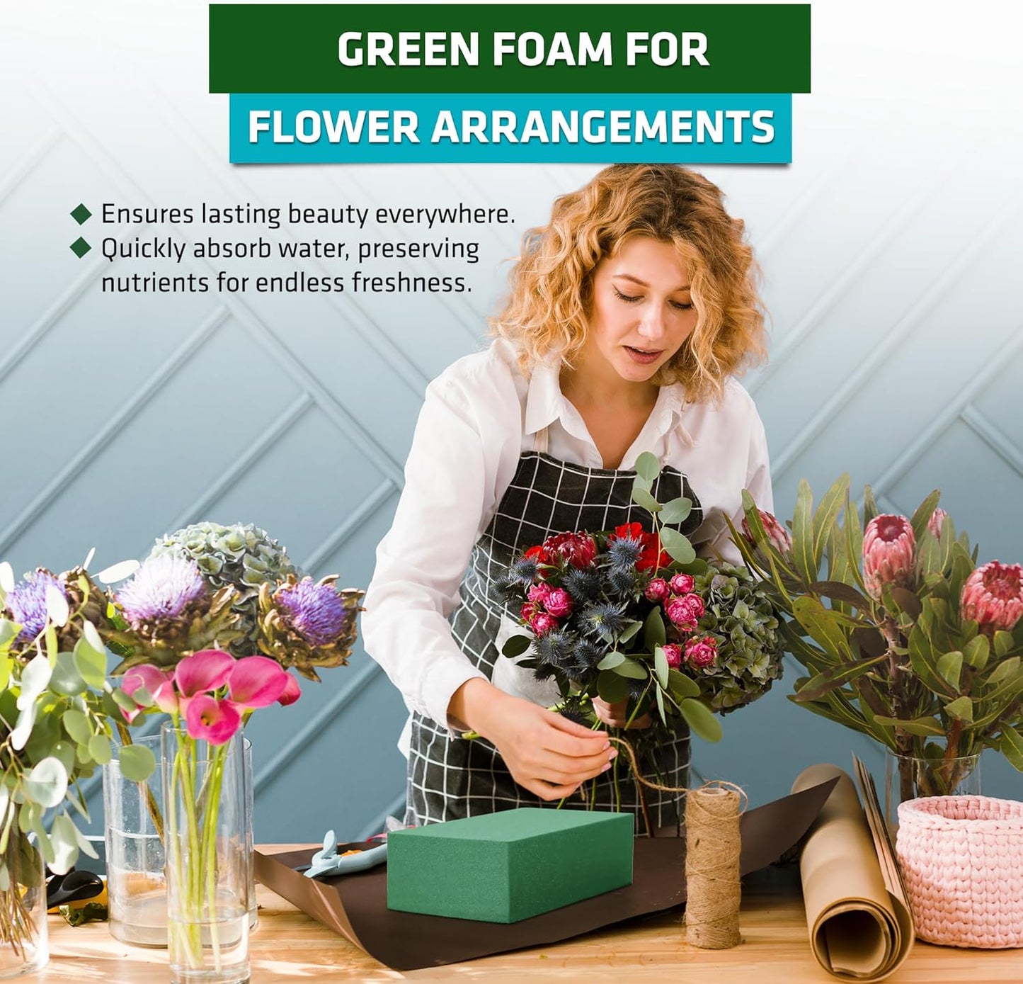 FLORABELS 6 PCS Wet Floral Foam Blocks for Fresh Flowers, Each (9"L x 4.1"W x 2.7"H)Green Foam for Flower Arrangements, Florist Foam Bricks for Weddings, Birthdays Gifts, Flower Foam Blocks for Crafts