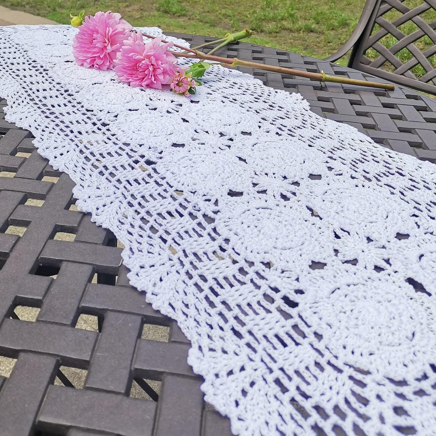 Phantomon Lace Table Runner Rectangular Table Cover Cloth Handmade Crochet Floral Placemats 100% Cotton (Floral White, 15x39Inch)