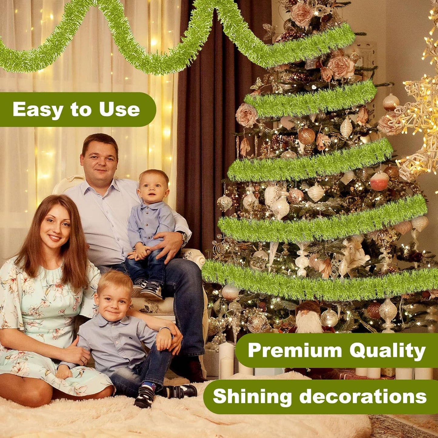 25 Feet Light Green Christmas Tinsel Garland, Metallic Foil Twist Banner Wall Hanging Tinsel Streamers Backdrop for Parade Floats, Christmas, Mother's Day, Birthday Party Decorations(4in x 25ft)