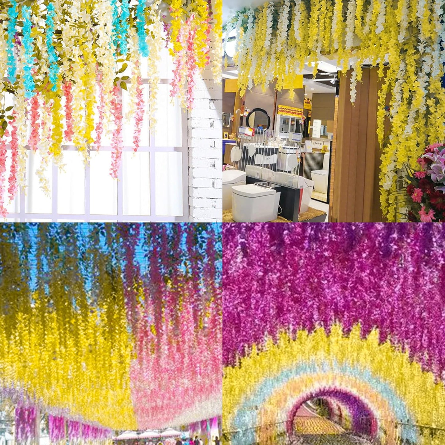 24 Pack Wisteria Hanging Artificial Flowers Fake Flowers Ratta Hanging Garland Silk Flowers String for Home Garden Party Wedding Backdrop Arch Decor (Yellow)