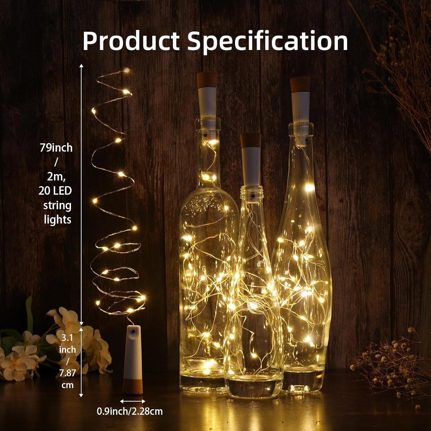 Wine Bottle Lights - 4 Pack Rechargeable Battery Operated 140mAh 20 LED Bottle Stoppers，8 Light Modes Switching,Perfect for Christmas, Weddings, Halloween, and More(Warm)