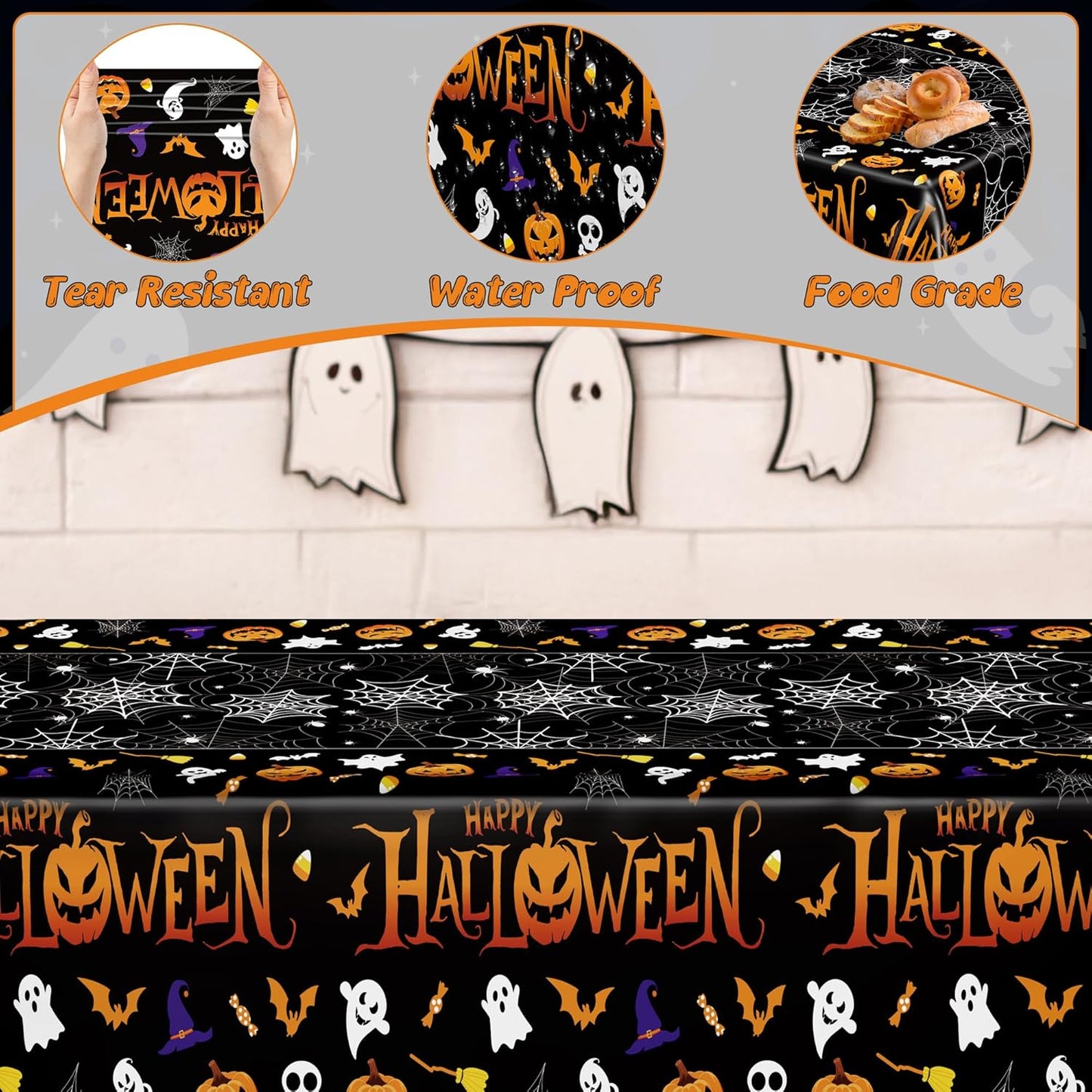 QZYL 12 Pack Halloween Plastic Tablecloth, 54" x 108" Pumpkin Decorations, Spider Webs Pumpkin Design Disposable Table Cloth Tablecover, Halloween Party Decor Dinnerware Indoor