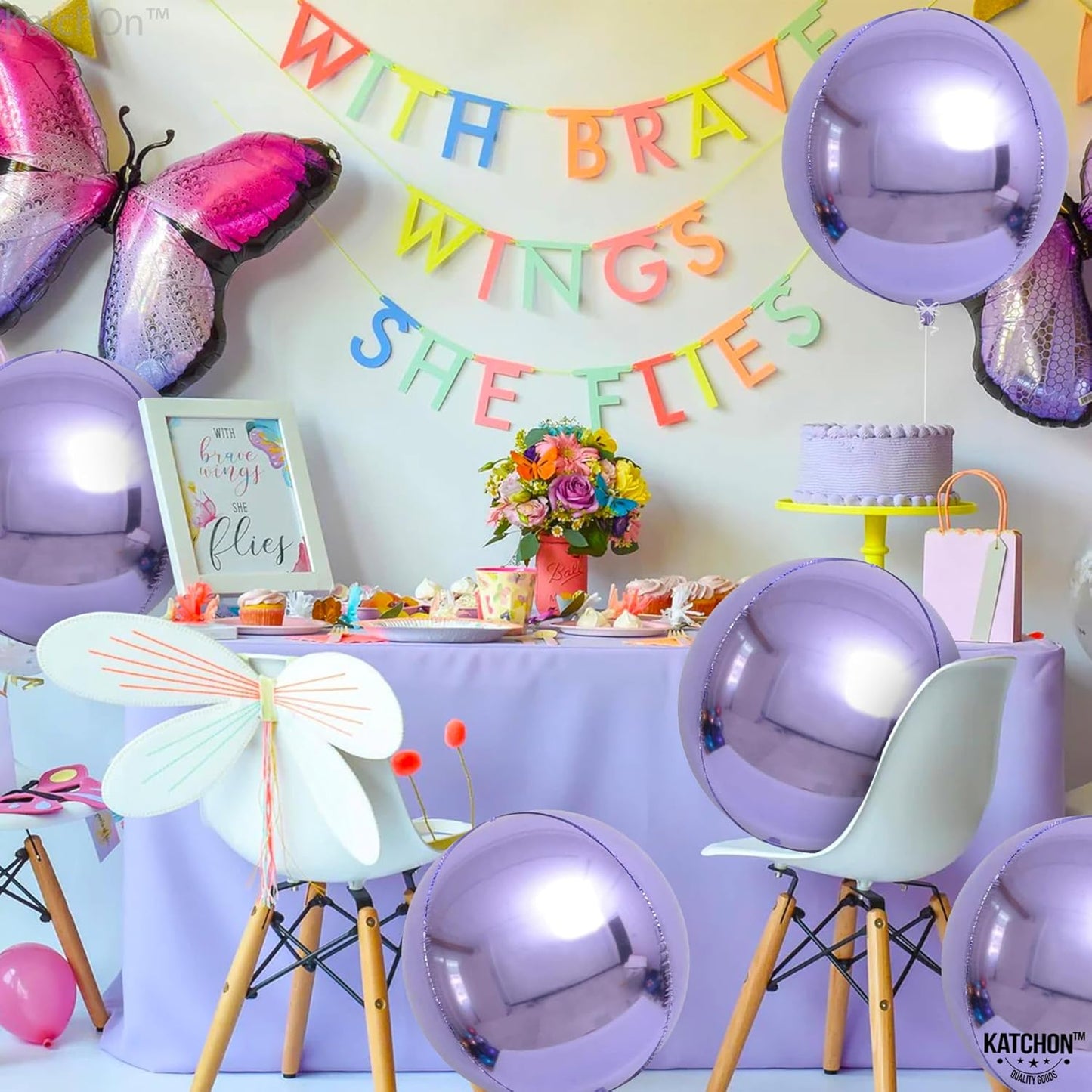 KatchOn, Big Purple Mylar Balloons - 22 Inch, Pack of 6 | Round 4D Metallic Lavender Balloon for Purple Party Decorations | Metallic Balloons for Anniversary | Unicorn, Mermaid Birthday Decorations