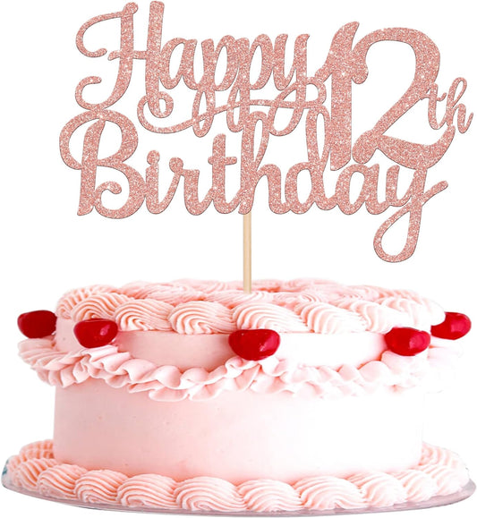1 PCS Happy 12th Birthday Cake Topper Glitter Cheers to 12 Years Birthday Cake Pick 12 Fabulous Cake Decoration for Happy 13th Birthday Theme Party Decorations Supplies Rose Gold