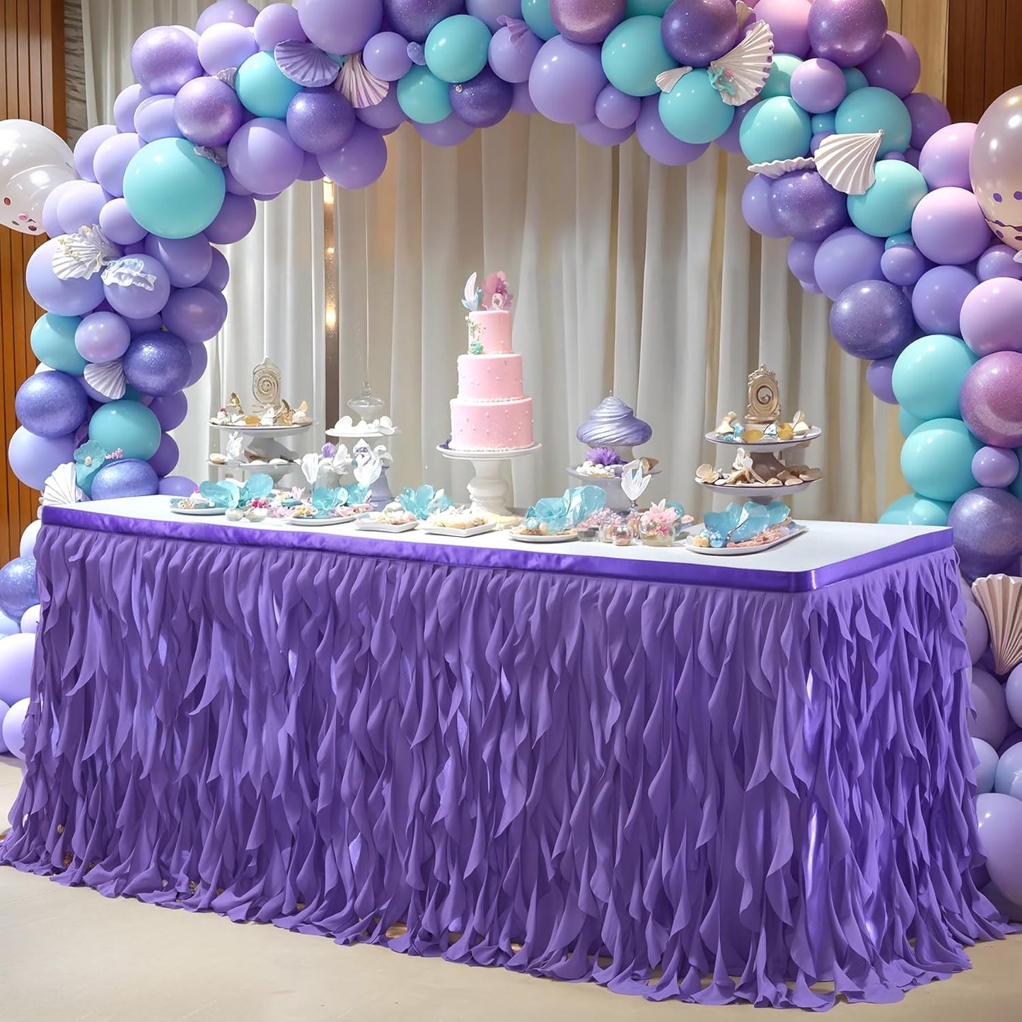 PARTISKY Mermaid Purple Tulle Curly Willow Table Skirt for Rectangle Table 9ft, Ruffle Tutu Table Cloth for Girls Boys Baby Shower,Mermaid Birthday Party