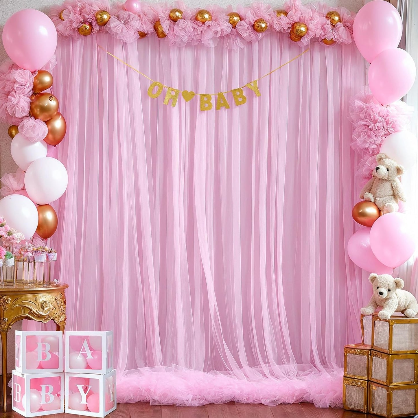 Pink Tulle Backdrop Curtain for Parties Girls Baby Shower 10ft X 8ft Light Pink Sheer Backdrop Curtains for Birthday Party Wedding Photo Booth Decorations 2 Panels 5ft X 8ft