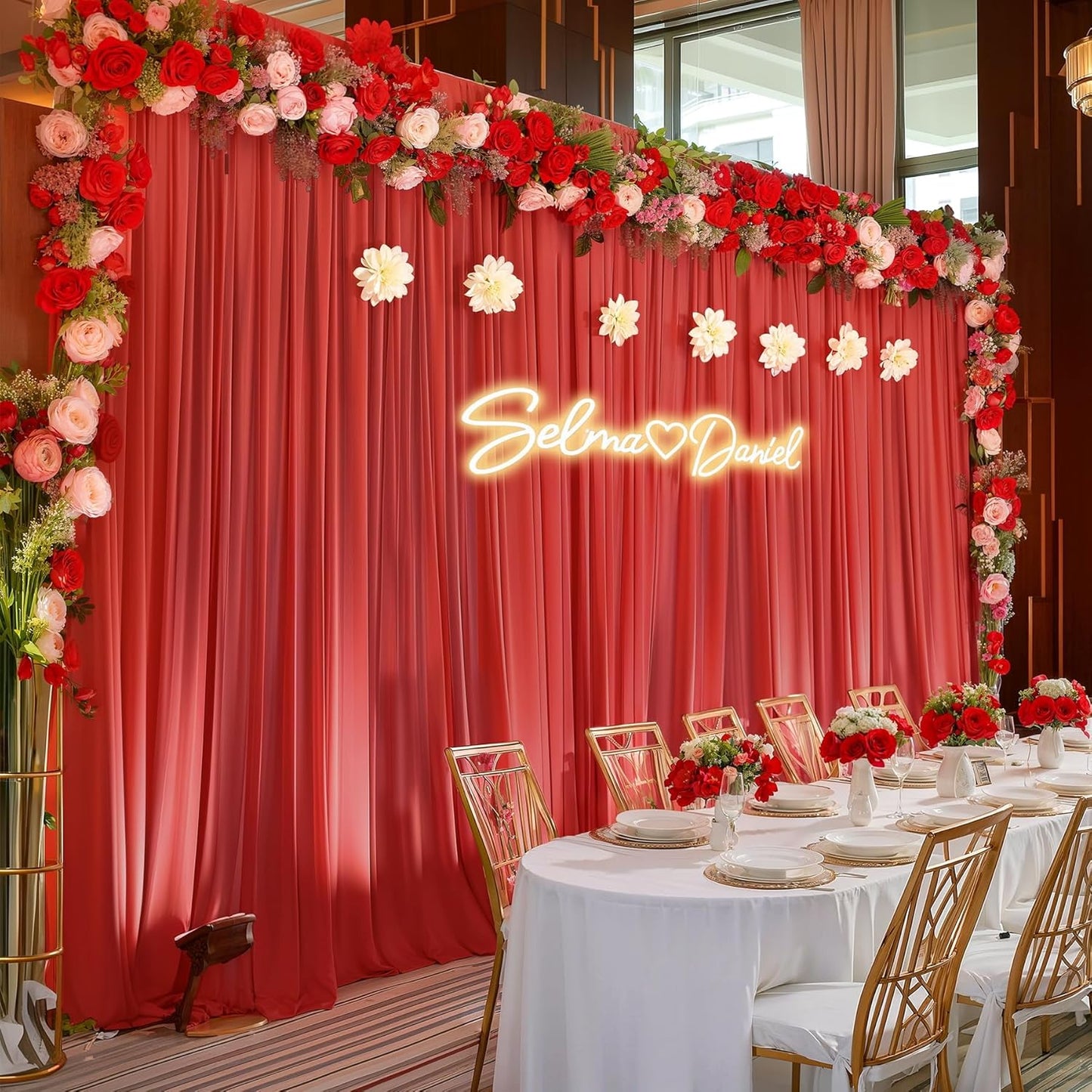 10ft x 10ft Red Backdrop Curtain Drapes, Wrinkle-Free Sheer Chiffon Fabric Photo Backdrop Panels for Wedding Arch Party Ceremony Stage Decoration