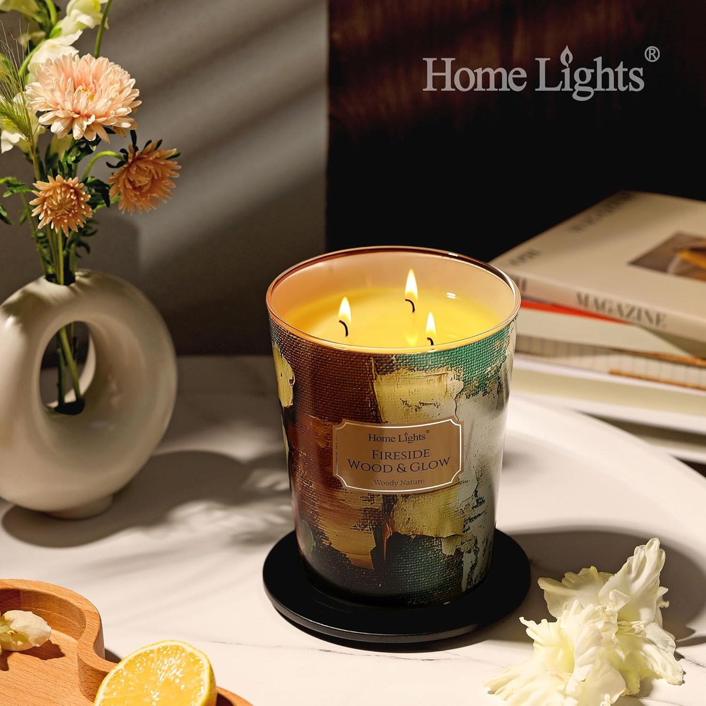 HomeLights 3-Wick Candles for Home Scented - 34oz Soy Wax Blend Candle Long-Lasting Fragrance, Industrial Chic Home Decor and Housewarming Gifts, Fireside Wood & Glow