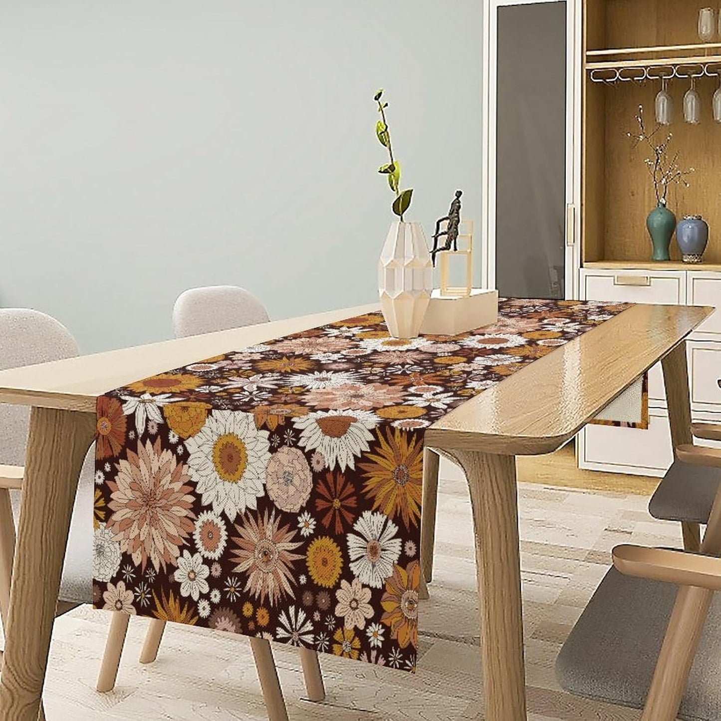 Boho Floral Table Runner, Vintage Country Farmhouse Daisy Flowers Modern Kitchen Dining Room Decoration for Indoor and Outdoor Wedding Party Banquet Table Runner 13x70 Inch