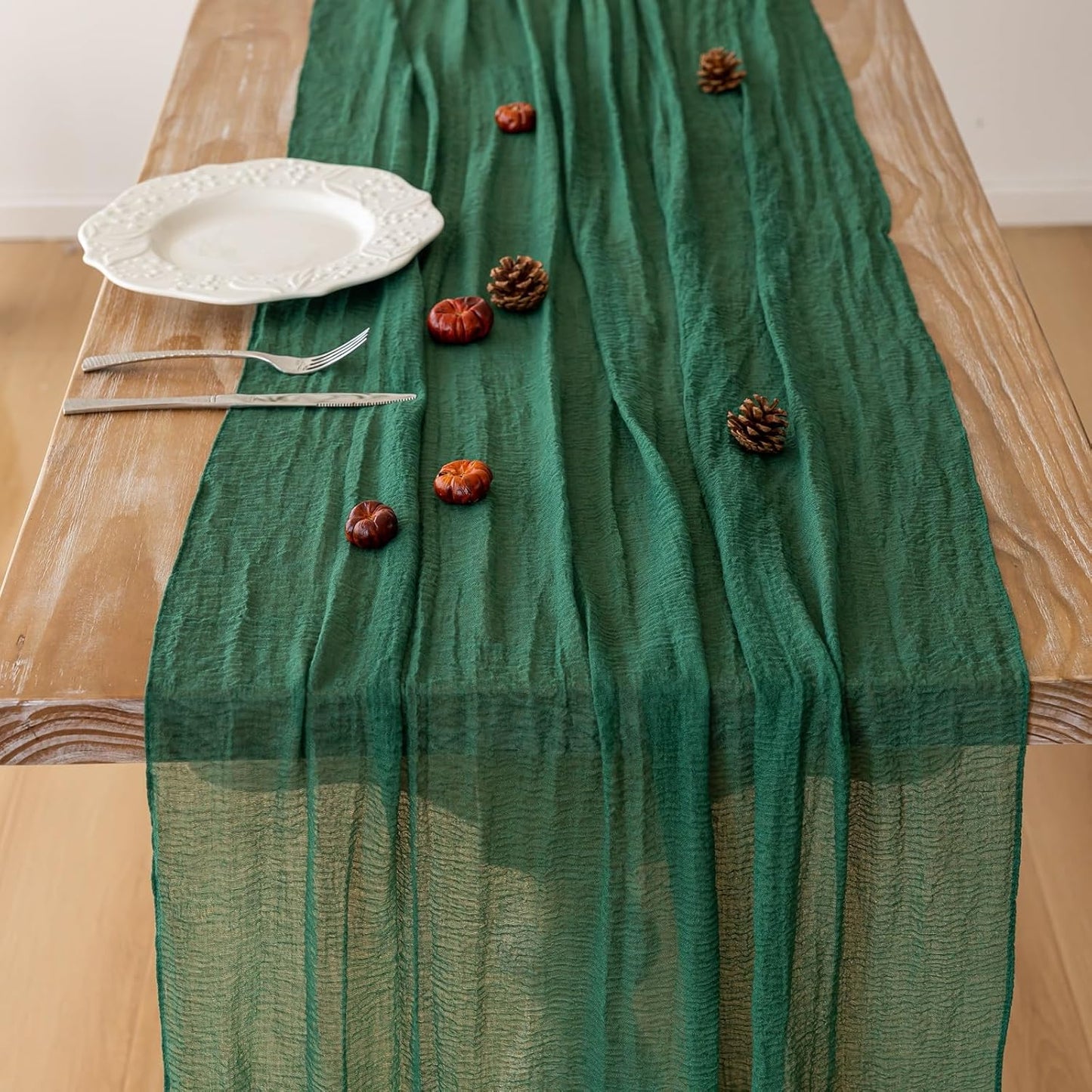 Table Runner Emerald Green Cheesecloth Gauze 120 Inch 10 FT Rustic Boho Cheese Cloth Table Runner for Wedding Baby Shower Bridal Shower Party Long Sheer Holiday Home Decorations