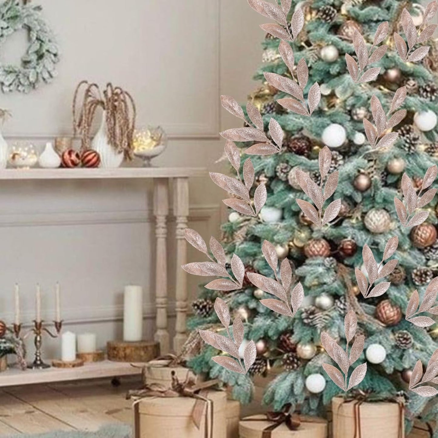 GREENTIME 12 Pack Artificial Champ Glitter Leaves 13" Fake Christmas Picks Decorative Glitter Sticks for Vase Christmas Tree DIY Wreath Crafts Fireplace Decor