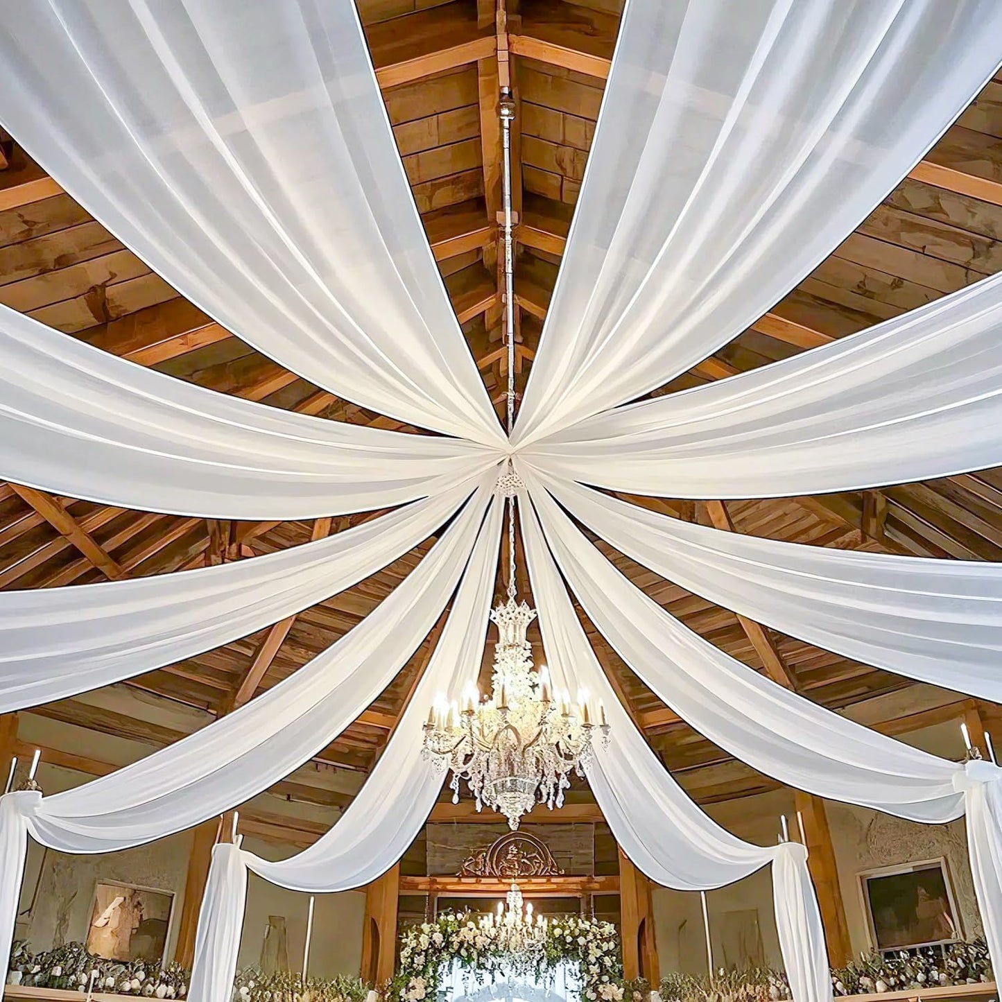 MODFUNS Ceiling Drapes for Parties White Sheer Chiffon Curtains 5x30FT 6 Panels Wedding Arch Drapes Fabric Sheers Arbor Drapery Tulle Ceiling Covering Fabric for Ceremony Stage Arbor Ornament