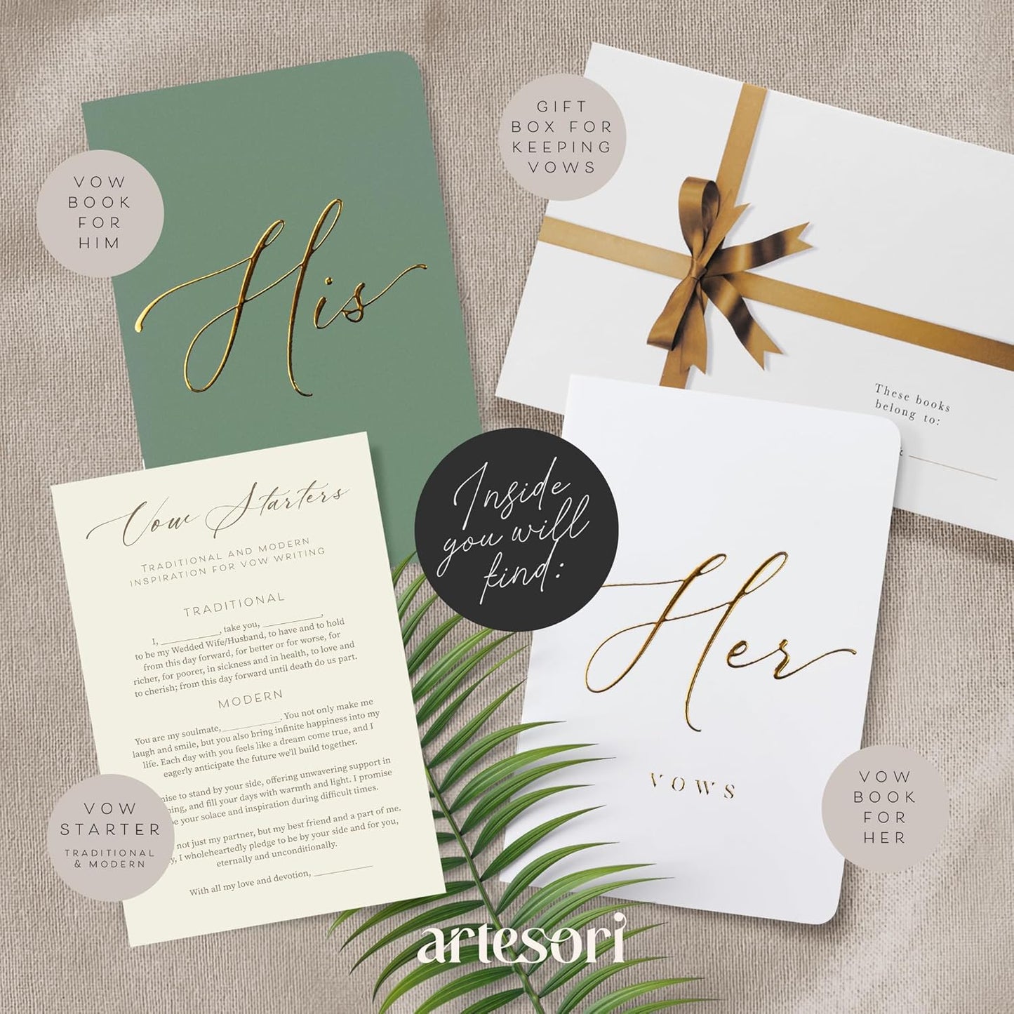 ARTESORI Wedding Vow Book for Her & Him, Soft Touch, Gold Engraving, 28 Lined Pages, Wedding Vow Books His and Hers, Wedding Essentials, Wedding Registry Gifts, His and Hers Gifts [White & Sage]