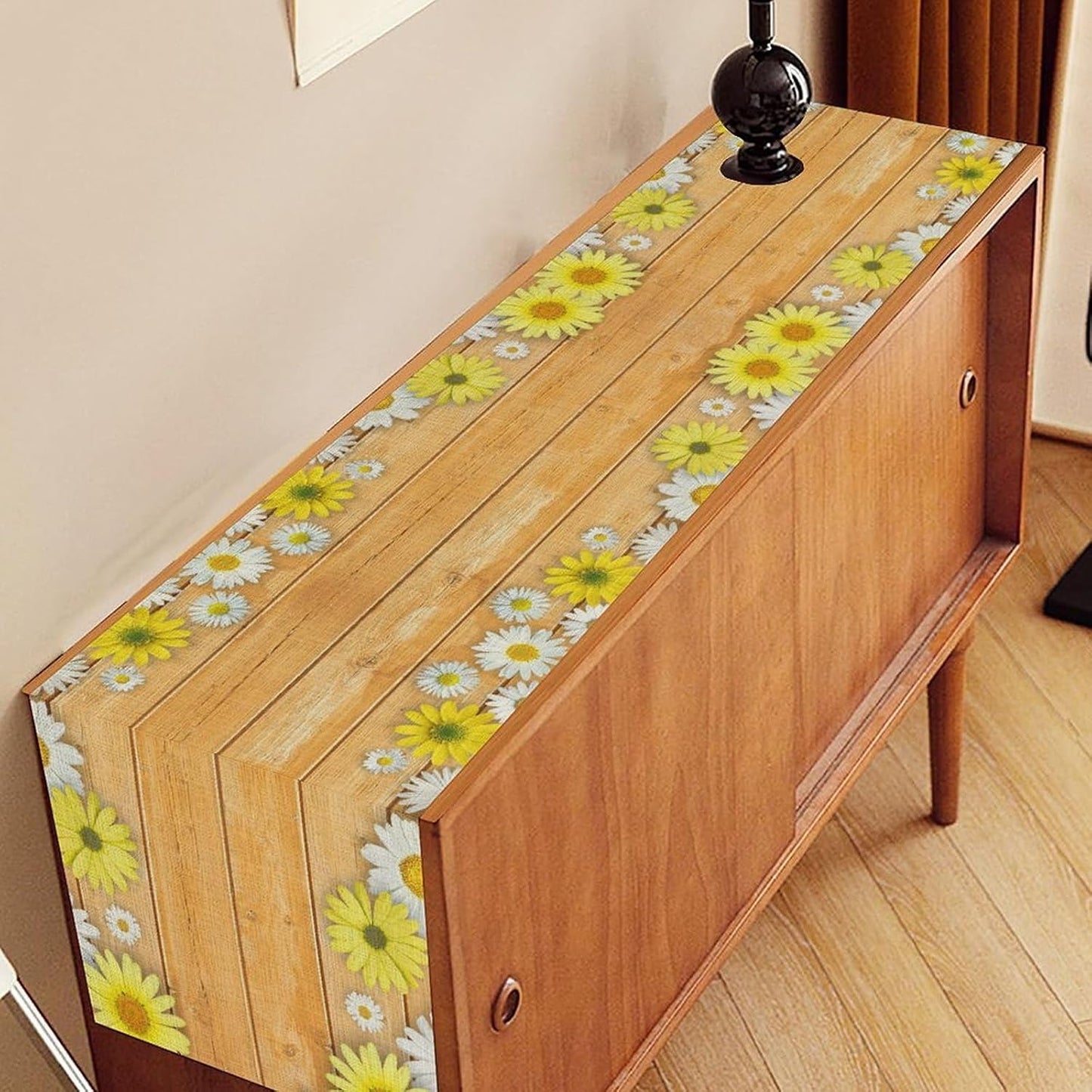 Farmhouse Floral Table Runner, Spring Seasonal Yellow Daisy Sunflower Retro Wooden Country Table Center Decor for Home Kitchen Dining Patio Holiday Party Table Decorations, 13"x72" Inch