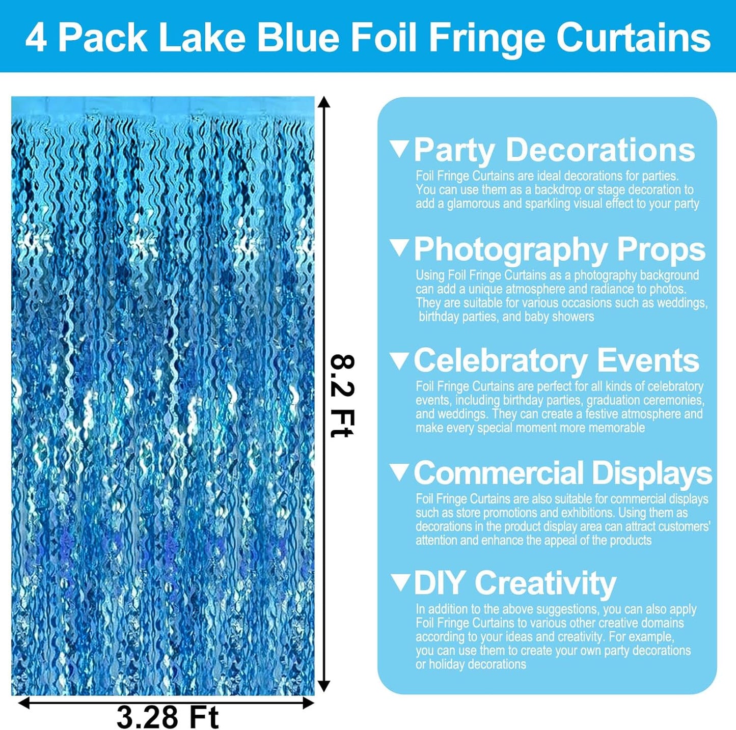4 Pack Lake Blue Wave Foil Fringe Curtain Backdrop, 3.28Ft x 8.2Ft Metallic Tinsel Foil Fringe Streamer Curtains for Photo Booth, Mother's Day, Easter, Birthday, Wedding Party Decoration