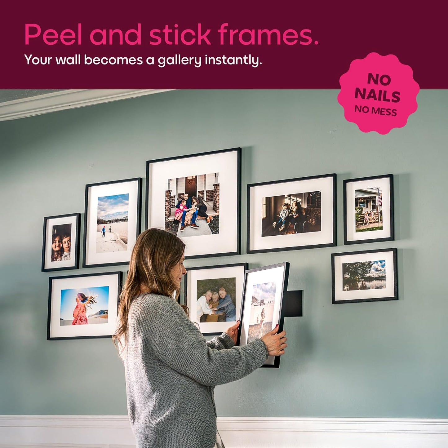 Mixtiles Official - Custom Photo Tiles - Personalized Printed Photos - Magnetic Wall Frames - Adhesive Sticker, No Nails - Various Sizes and Frames - 8x8-9Tile - Oak Frame