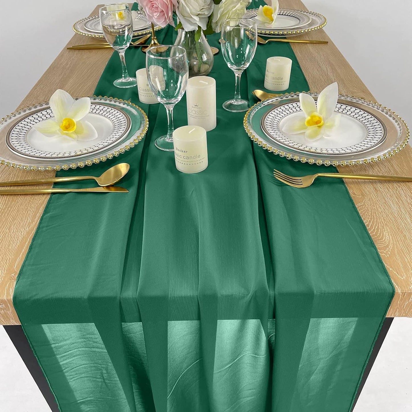 EHLDekol 10ft Chiffon Table Runners 27x120 inches Romantic Sheer Wedding Table Runner Top Table Bridal Party Decoration (Emerald Green，10ft)