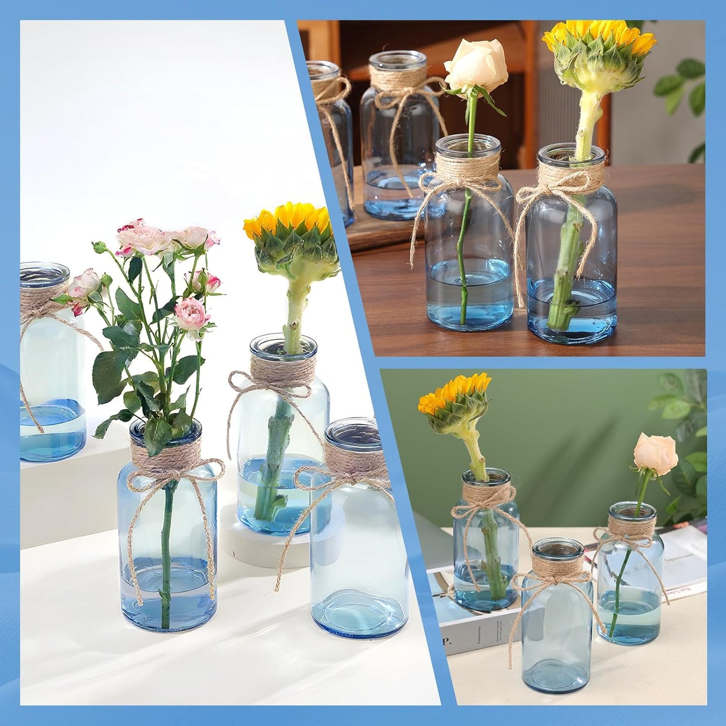 Blue Glass Flower Vases for Centerpieces Set of 6, Mason Jars Boho Cylinder Bud Vases in Bulk, for Weddings Parties Vintage Home Decor