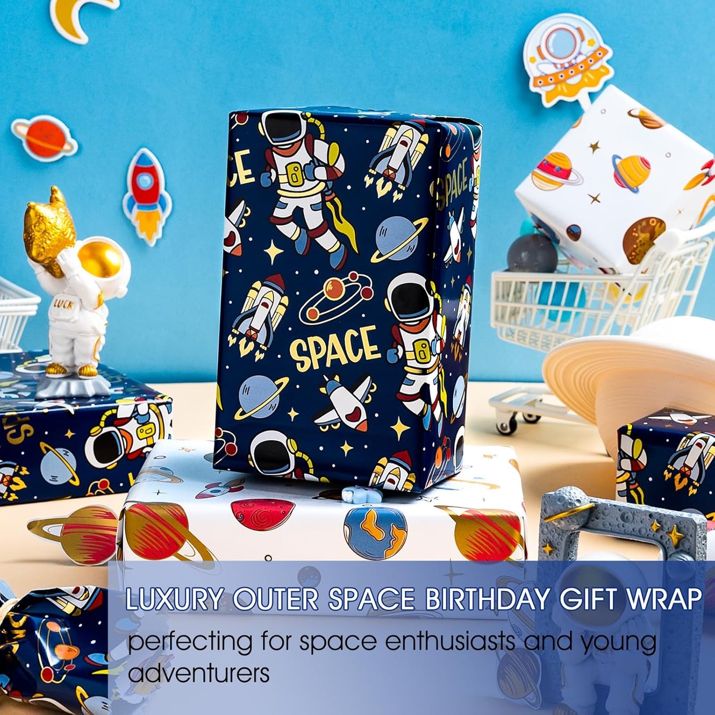 Yarcony Space Wrapping Paper Roll, Birthday Wrapping Paper for Boys, Navy Blue Astronaut Gift Wrap for Kids Birthday Outer Space Party Decor RocketShip Wrap Galaxy Planets Stars (30 Inch X 33 Feet)