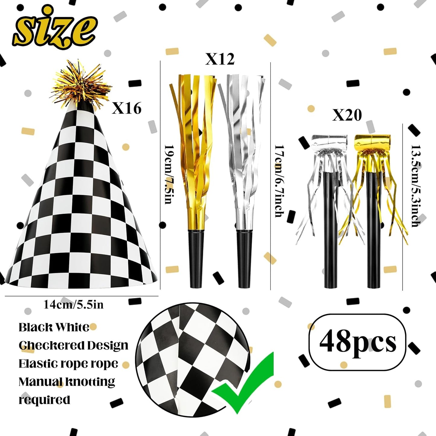 48 Race Car Birthday Party Hats Race Car Party Supplies Include Black White Checkered Cone Hats Gold Noise Makers