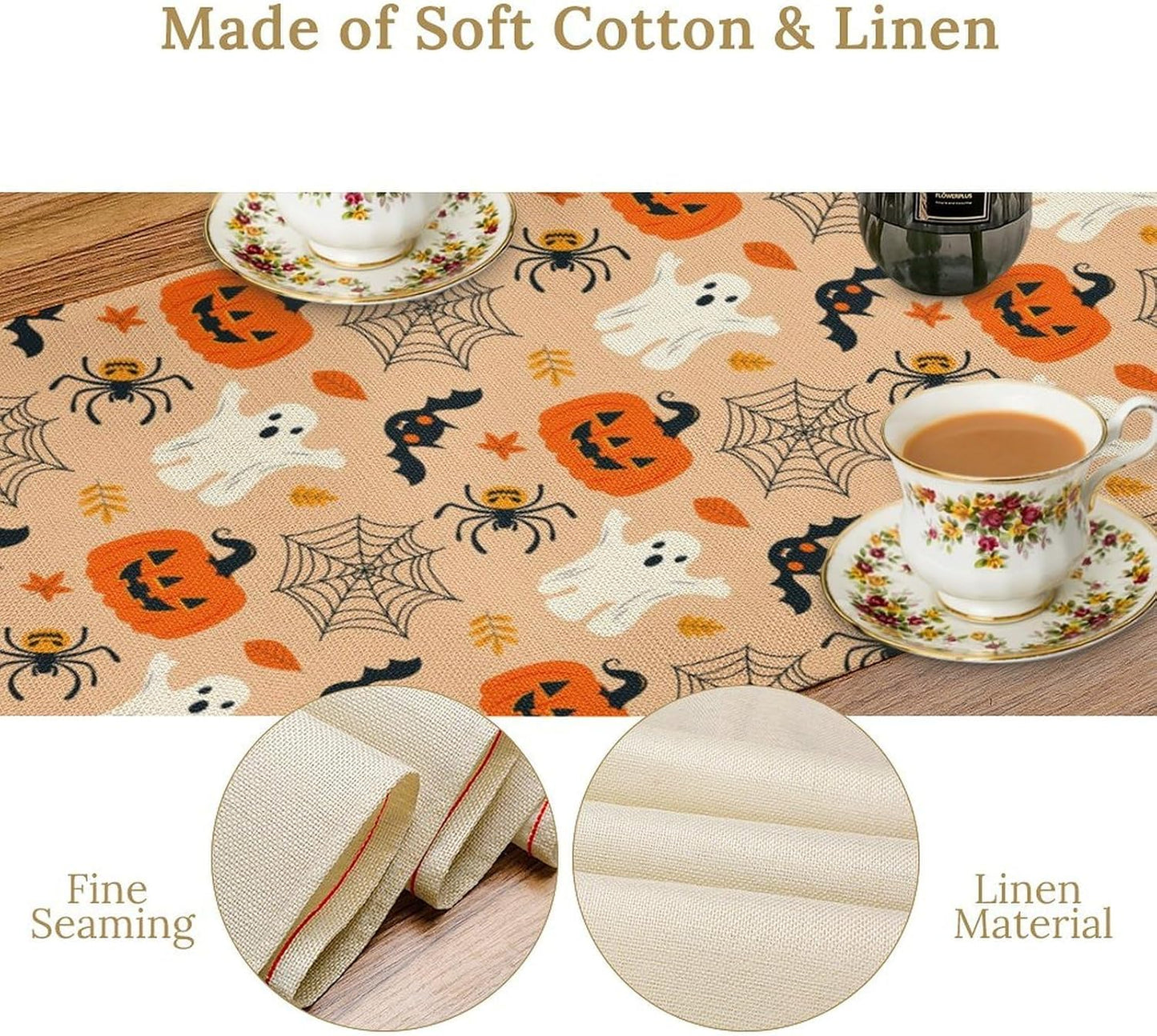 Halloween Table Runner,Cute Ghost Pumpkin Leaves Table Runner for Kitchen Dining Table Decoration Home Party Decor 13x90 Inch
