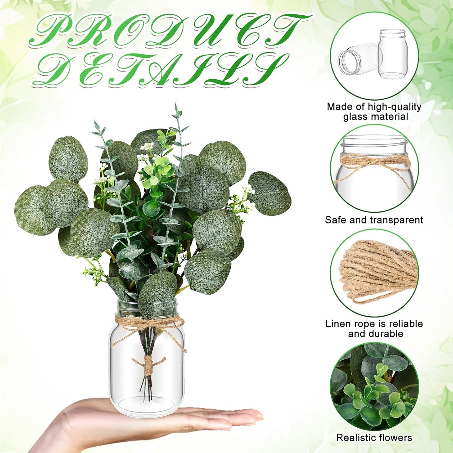 6 Set Centerpiece Table Decorations Mason Jar Table Centerpiece with Flower Mason Jar Wedding Centerpieces Vases Decor for Reception Engagement Party Bridal Shower (Eucalyptus)