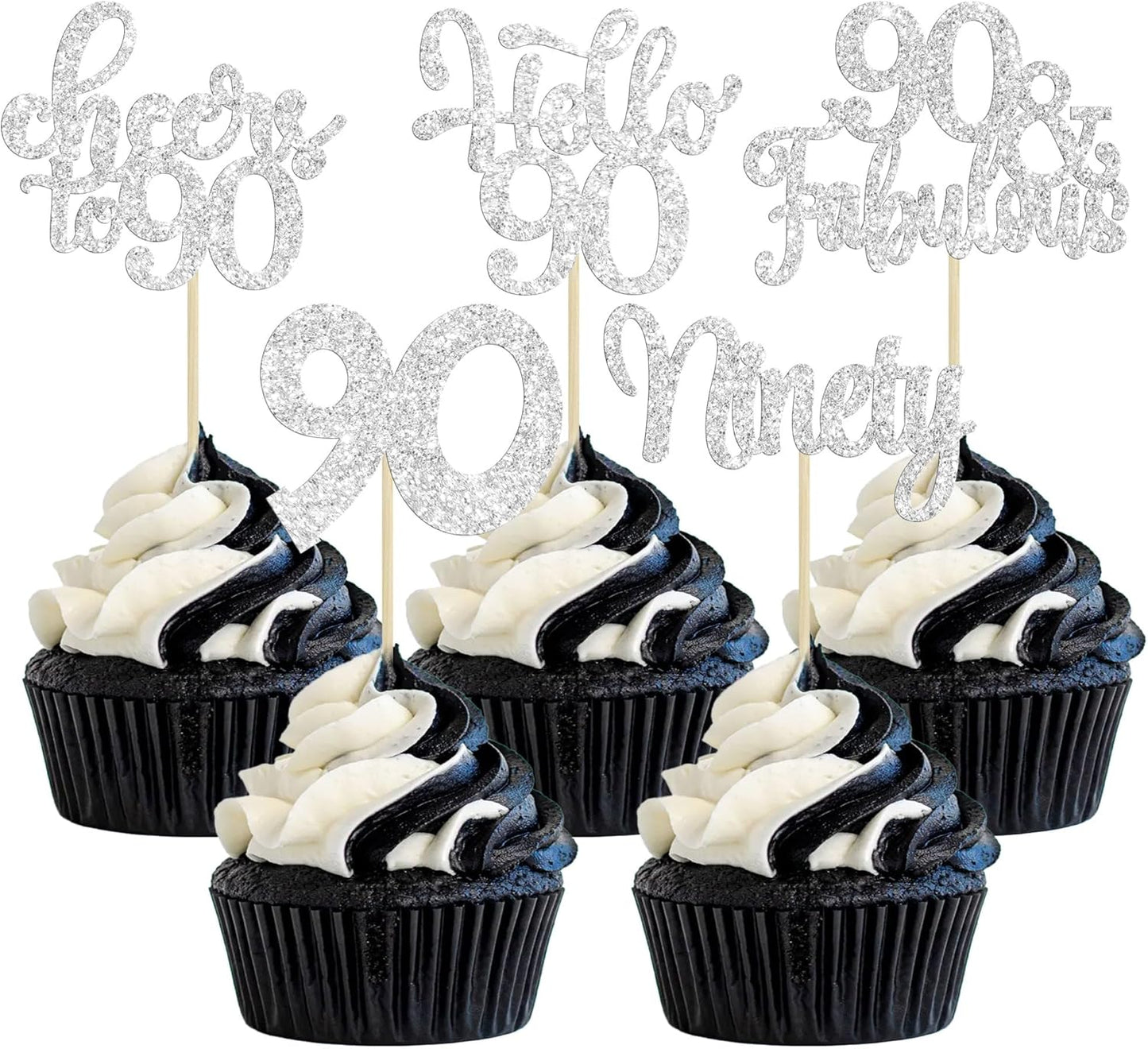 30pcs Happy 90th Birthday Cupcake Toppers - Silver Glitter Ninety Cheers to 90 Years Old Cupcake Picks for Anniversary Party Cake Decorations
