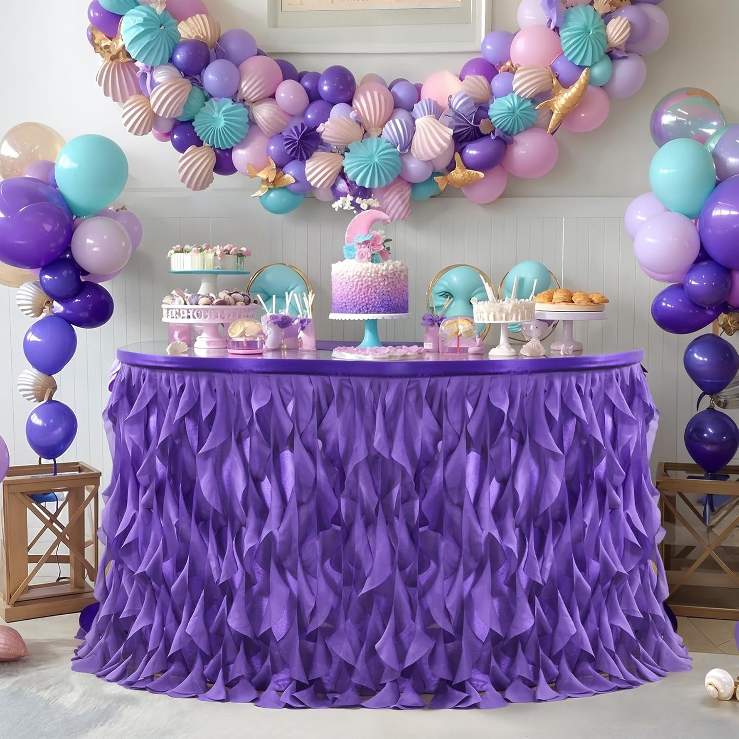 Partisky Mermaid Purple Tulle Curly Willow Table Skirt for Rectangle Table 14ft, Ruffle Tutu Table Cloth for Girls Boys Baby Shower,Mermaid Birthday Party