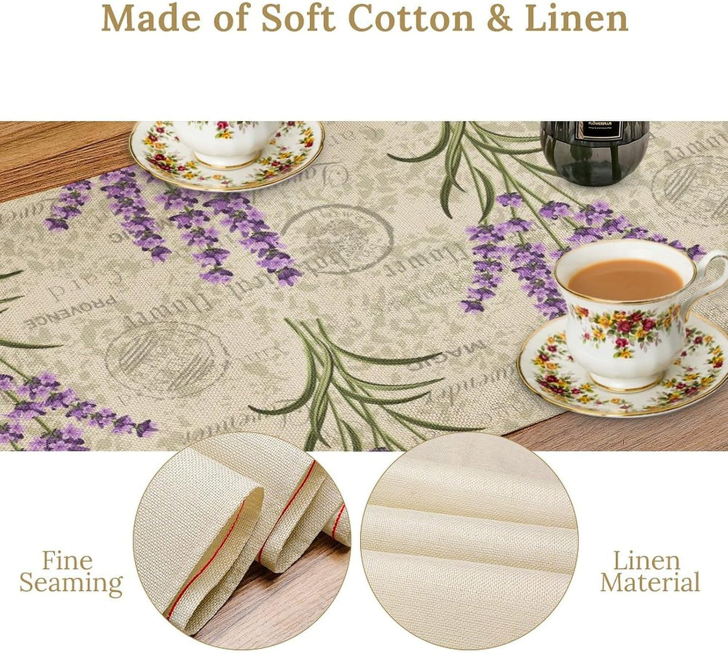 Floral Lavender Table Runner,Vintage Rustic Country Romantic Purple Flower Pattern Print Burlap for Hotel Indoors Outdoor Dining Room Kitchen Home Decor, 13x70in