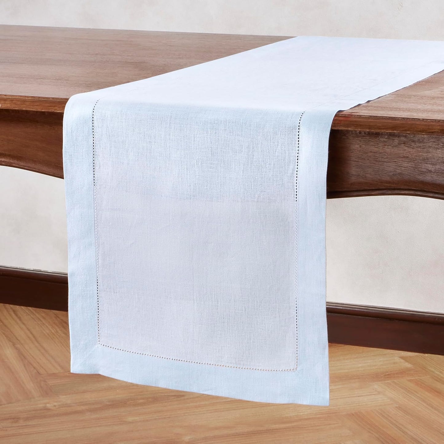 Light Blue Table Runner 36 inches – 100% Pure Linen Hemstitch Coffee Table Runner 14 x 36 Inch Ideal for Dresser and Coffee Tables – Elara, Spring, Summer, Wedding Decorations, Gift