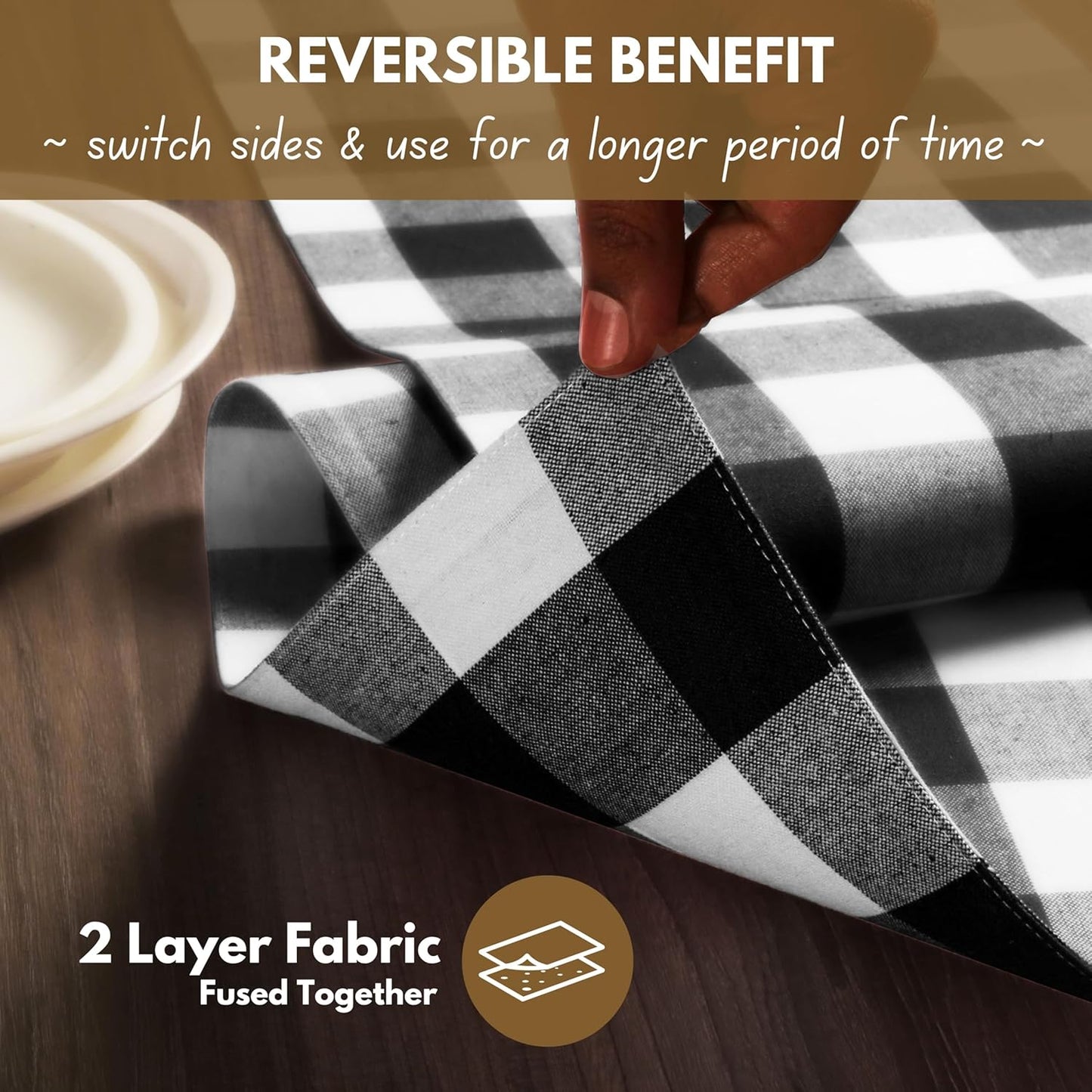 Native Fab Table Runner Buffalo Check Plaid 100% Cotton - 13x90 Inches Kitchen Dining Table Decoration for Indoor Outdoor Farmhouse Home Party Decor - Black and White