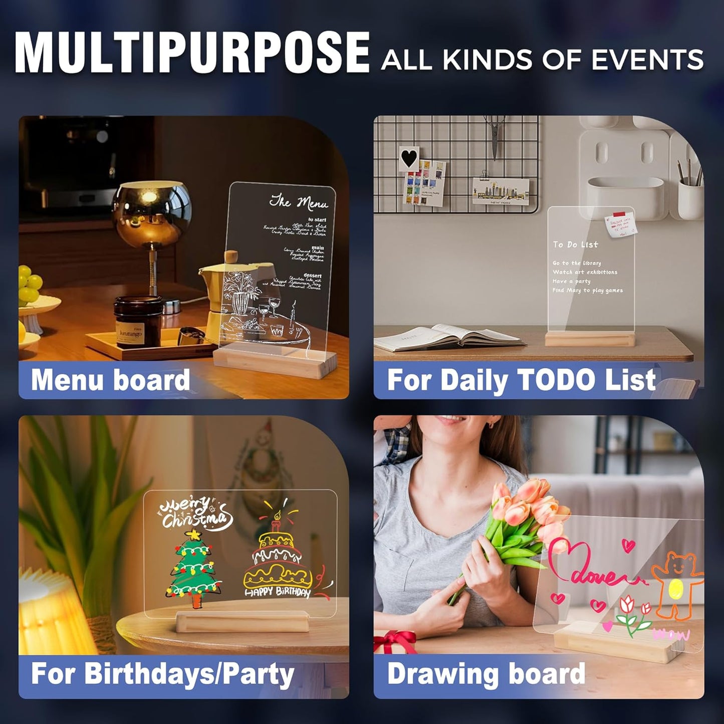 SELEAD Acrylic Clear Board Bar Sign - 2 Pack 8x12 Inch DIY Words Sign Board with Wooden Stand, Tabletop Double-Sided Menu Message Note Board for Business, Wedding, Events