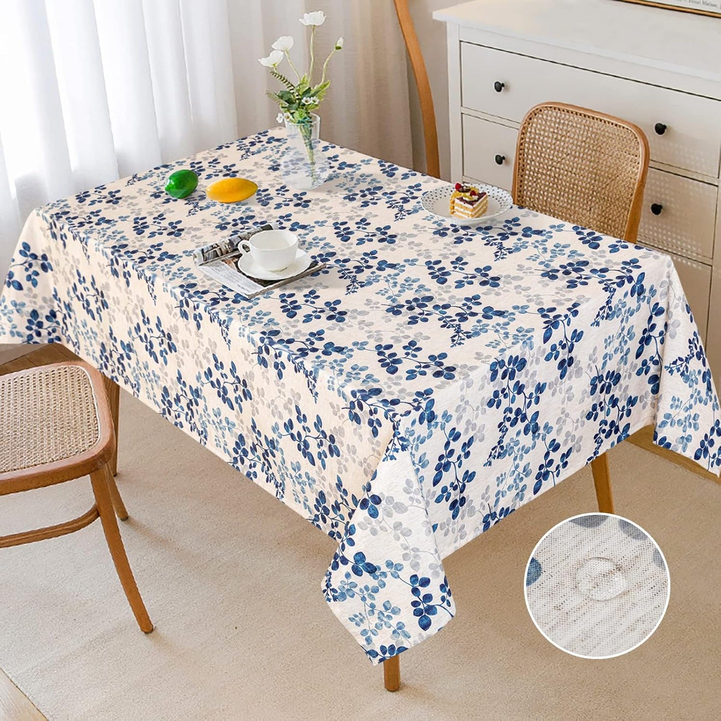 MYSKY HOME Floral Print Rectangle Tablecloth Waterproof Rectangular Table Cloth Linen Farmhouse Tablecloths for Kitchen Dining Spring Leaves Tablecloth for 4 Feet Table，60 x 84 Inches, Blue