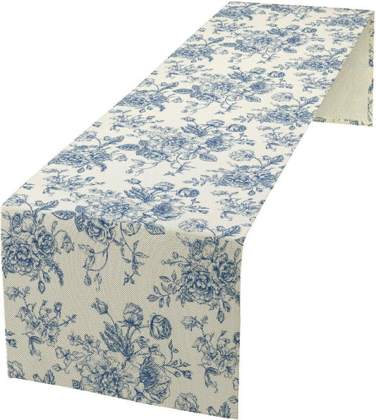 Floral Table Runner, Retro Blue Flower Chinoiserie Sketch Pattern Print Table Runner for Kitchen Dinning Table Runner Decor Home Wedding Party Holiday, 13x108 Inch