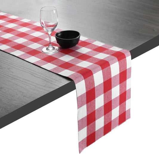 Native Fab Table Runner Buffalo Check Plaid 100% Cotton - 13x72 Inches Kitchen Dining Table Decoration for Indoor Outdoor Farmhouse Home Party Decor - Red and White