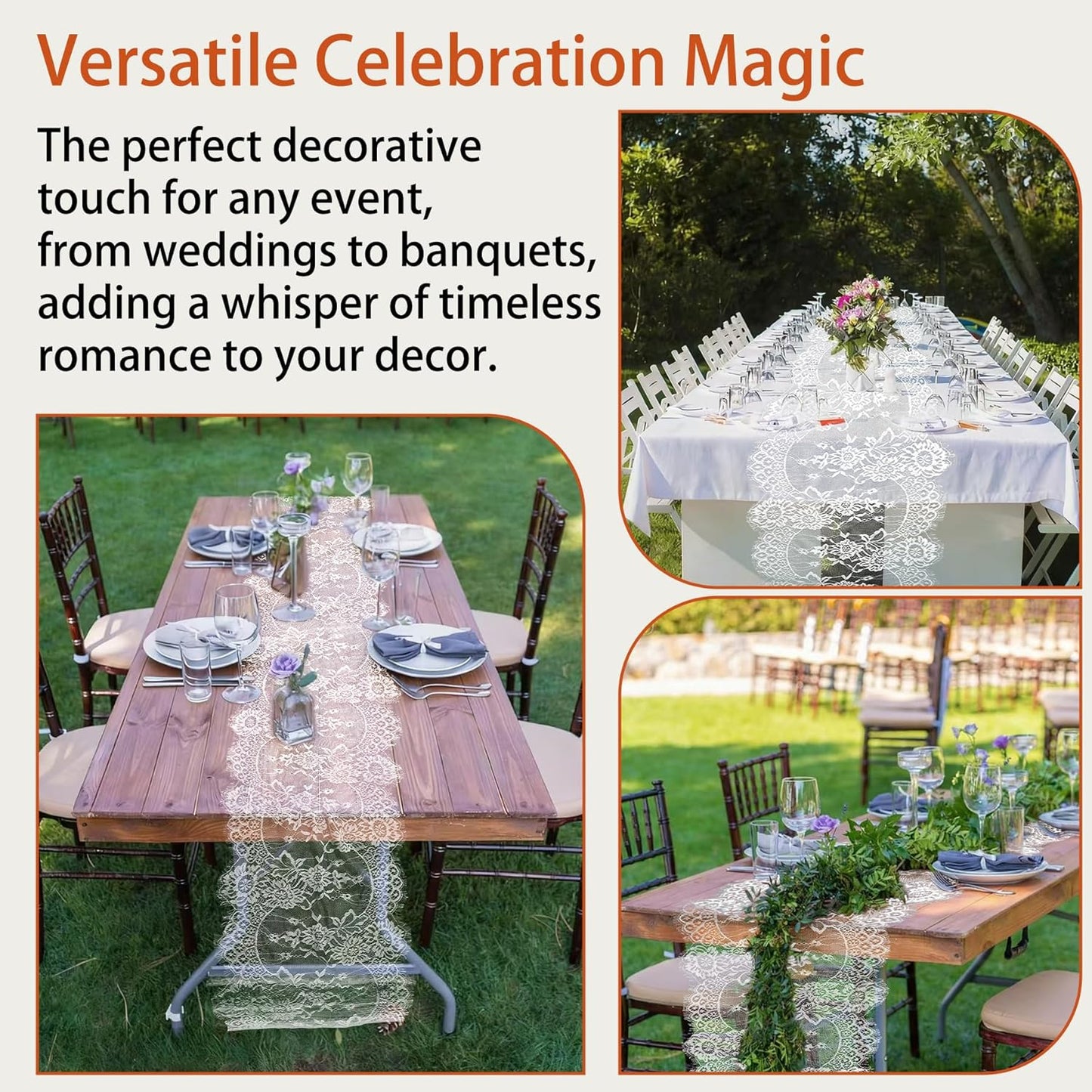 HAIBAS 12 Pcs White Lace Table Runners 14 x 120 Inch Boho Rose Embroidered Floral Vintage Rustic Table Decoration for Wedding Party Bridal Shower Decorations