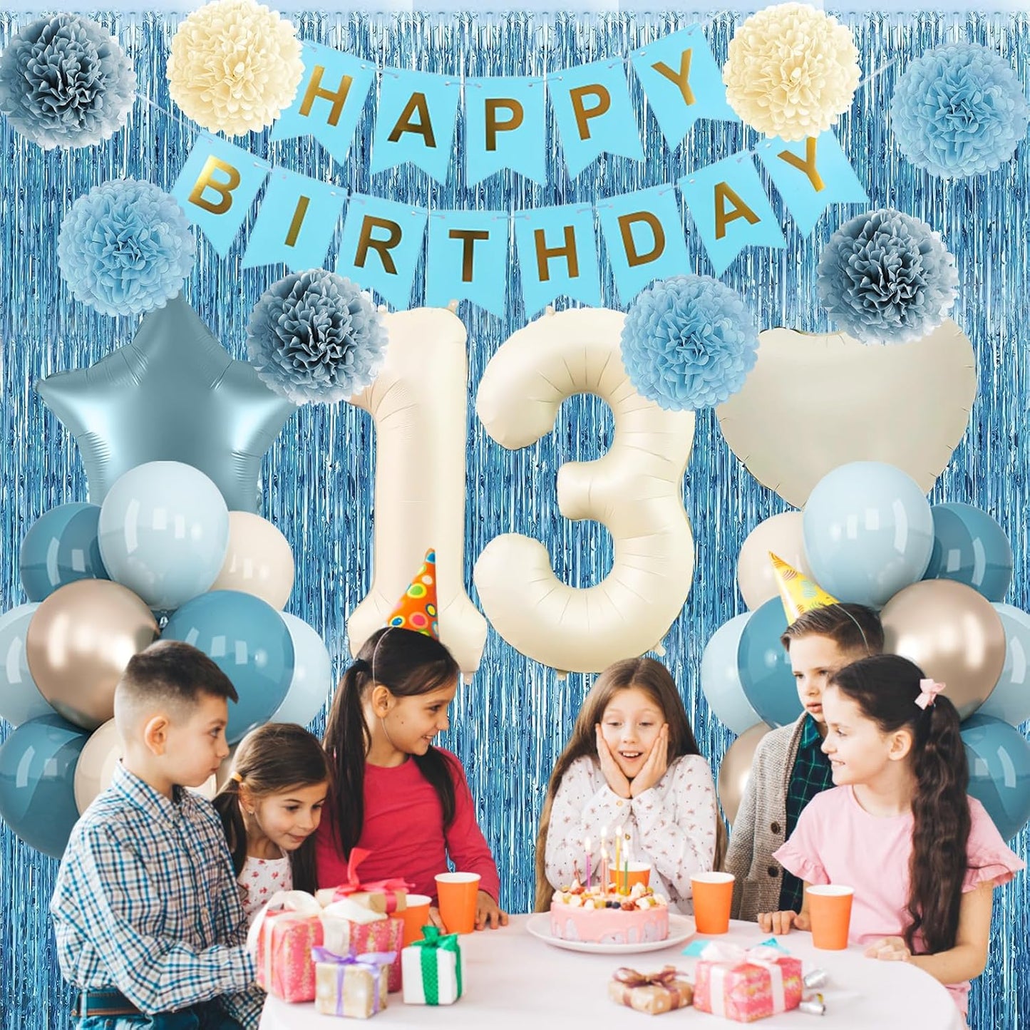 Dusty Blue 13th Birthday Party Decorations Boys Girls Beige Cream Number 13 Balloon with Blue Gold Happy Birthday Banner Fringe Curtain Paper Pom Poms Nude White Sand Champagne Star Foil Balloons