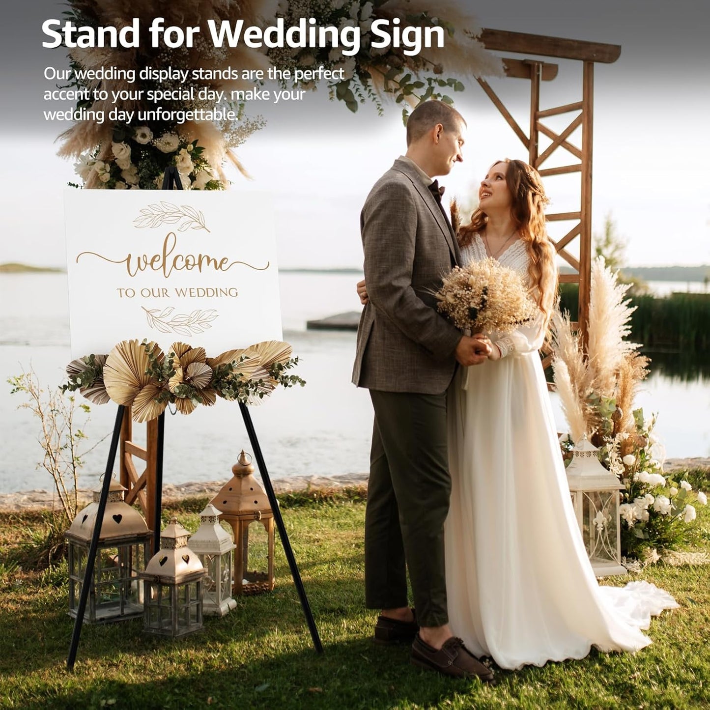 NianFeng Wooden Easel Stand for Sign, Easel Display Stand Floor for Wedding Sign with Adjustable Tray, 63-Inch, Tripod A-Frame Poster Light Duty, Welcome, Art Show & Baby Shower (Black)