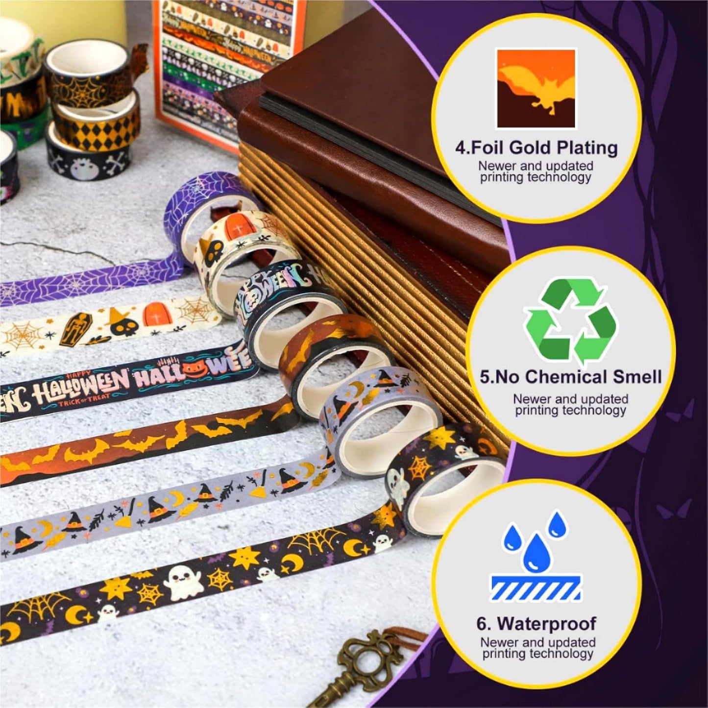 16 Rolls Halloween Washi Tape Holiday Masking Tape Stickers Glod Foil Decorative Tape for Scrapbook Journal DIY Craft Gift Wrapping（Halloween