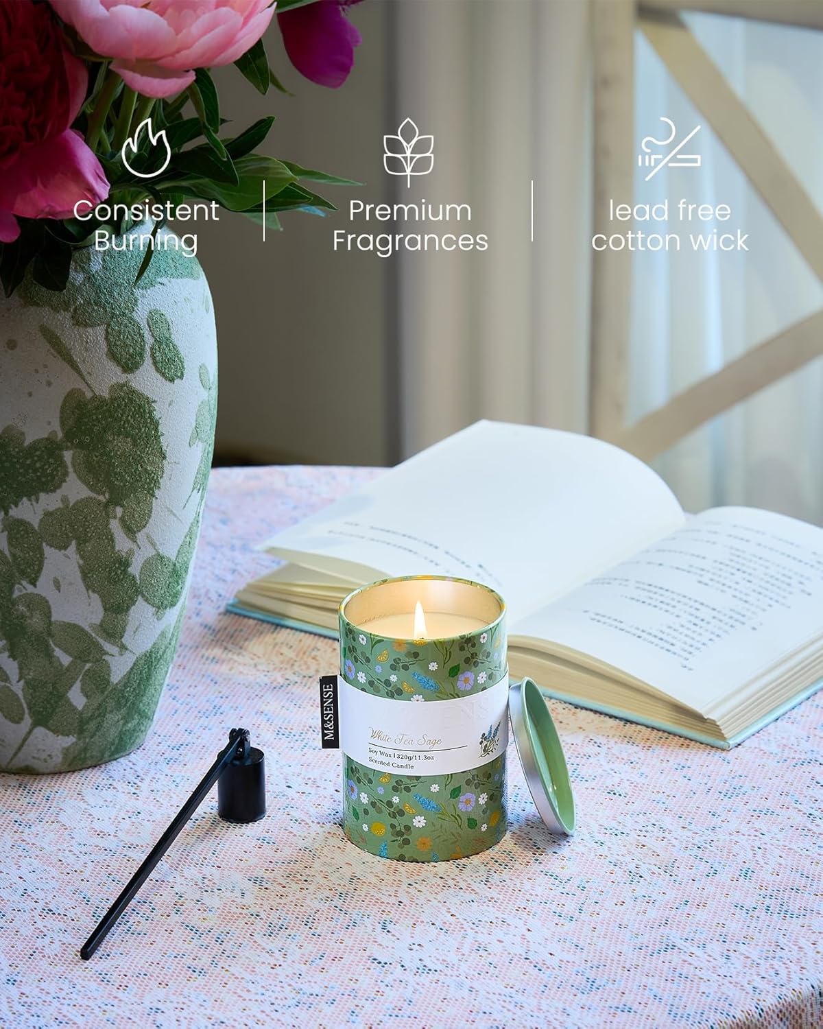 M&SENSE White Tea Sage Scented Candle, Medium Jar Candle 11.3oz Natural Soy Wax for Home Scented, Floral Candles Gift for Spring Holiday, Up to 70 Hours Burning Long-Lasting Fragrance