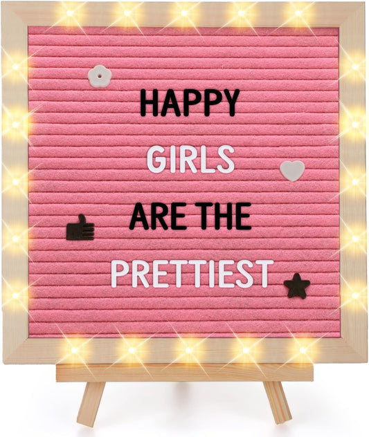 Light up Changeable Felt Letter Board Sign with LED Lights - 10×10" Message Board& Wood Stand& 450 Letters, for Halloween/Birthday/Event/Pregnancy/Baby Announcement/Home Wall Decor Girls Gifts, Pink