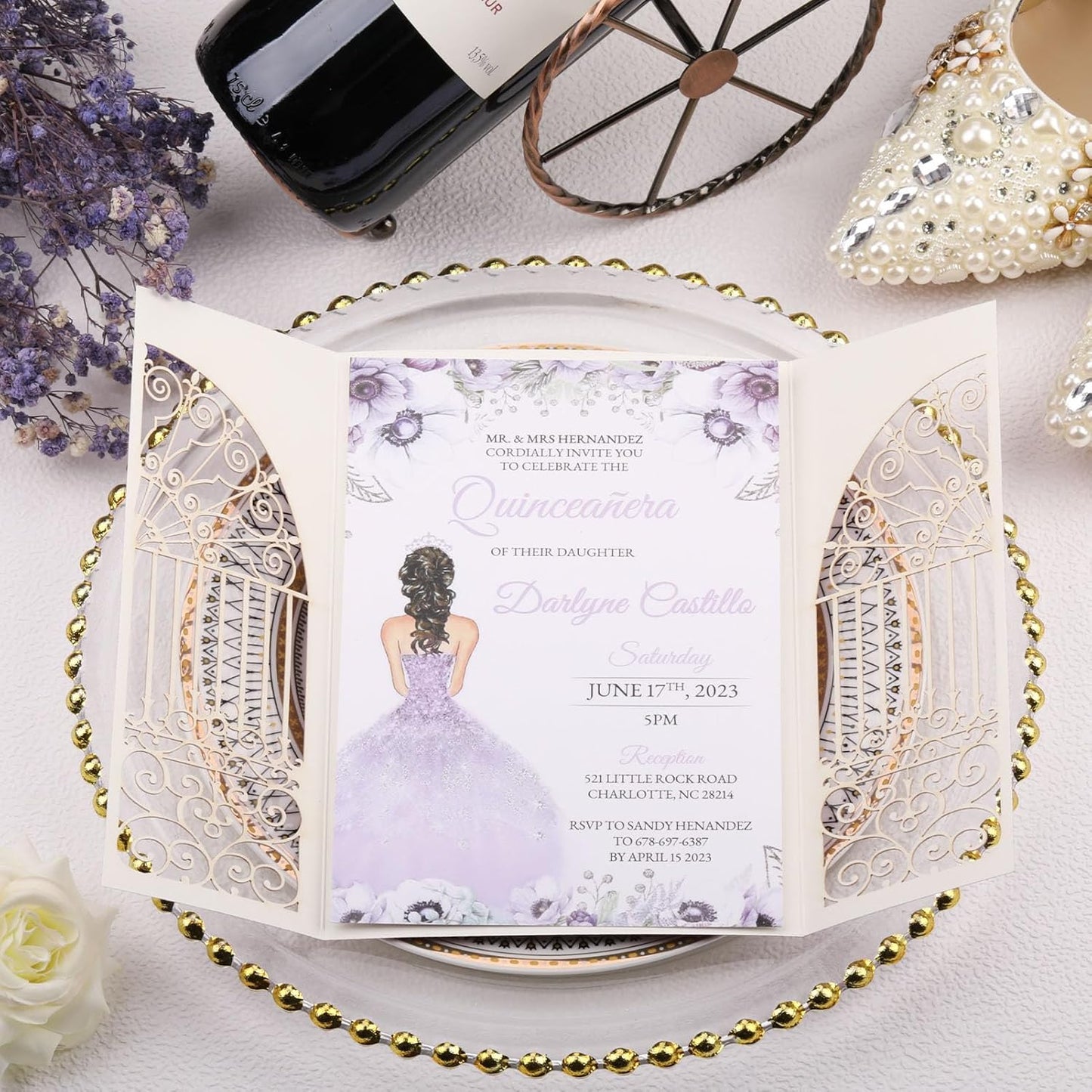Personalized Wedding Invitations with Envelopes and RSVP Cards Blank 25pcs Light Purple Glitter Laser Cut Invitation Pockets for Wedding Bridal Shower Birthday Quinceañera Anniversary