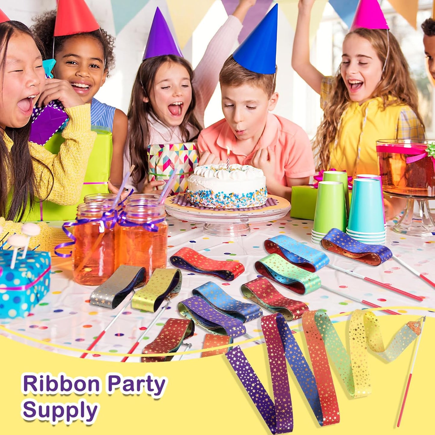 Yilloog 50 Pcs Ribbon Dancing Wands Party Favors, 78.7 Inch Artistic Gymnastics Ribbon Streamers Twirling Wands, Rainbow Birthday Decorations