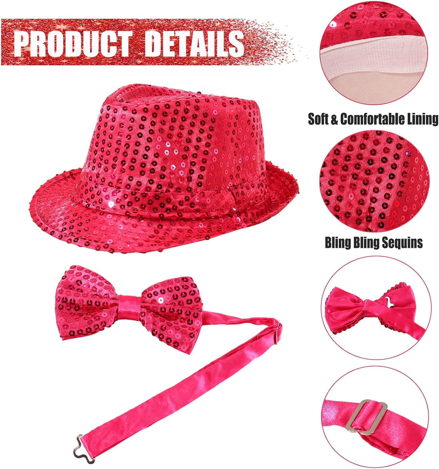 10 Pcs Unisex Sequin Fedora Hat Sequin Bow Ties Set Bling Retro Dance Jazz Cap Funky Party Costume Fedora