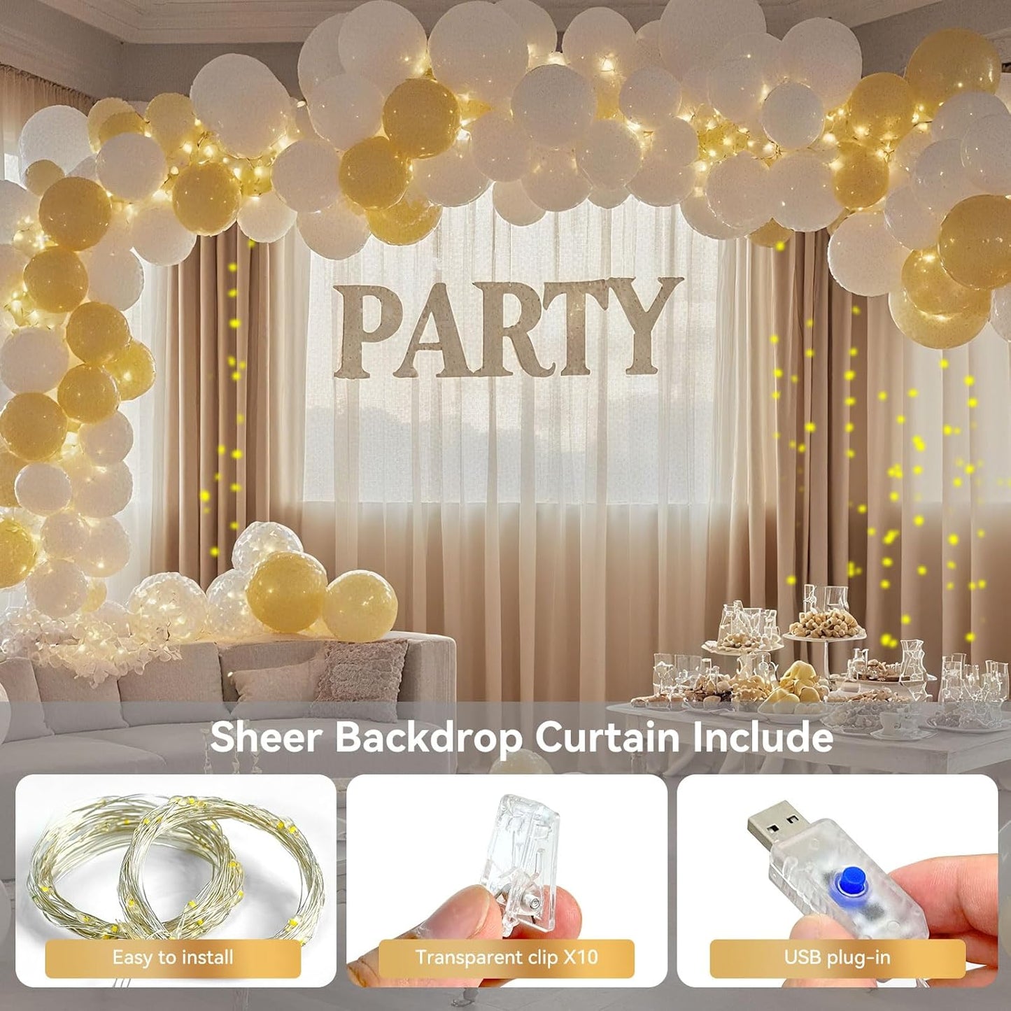 10×8ft Tulle Backdrop Curtains with Lights String - 300LED Fairy Lights Sheer Curtain Backdrop for Weddings Baby Shower and Birthday Party Decorations(8 Panels 5×8ft)